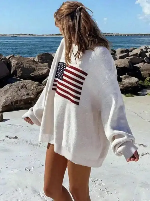 Women's American Flag Print Drop Shoulder Sweater, Casual Long Sleeve Round Neck Jumper for Spring & Fall, Comfort Top, Clothes for Women, Sweaters for Women, Fashion Knitwear, Womenswear
