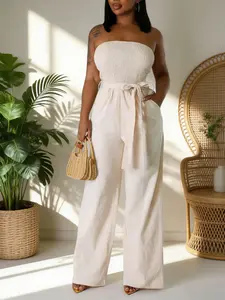 Women's Sleeveless Loose-Fitting Tie Waist Casual Breathable Jumpsuit, Elastic Waistband & Drawstring Design, Comfortable All-Season Wear, Ideal for Casual