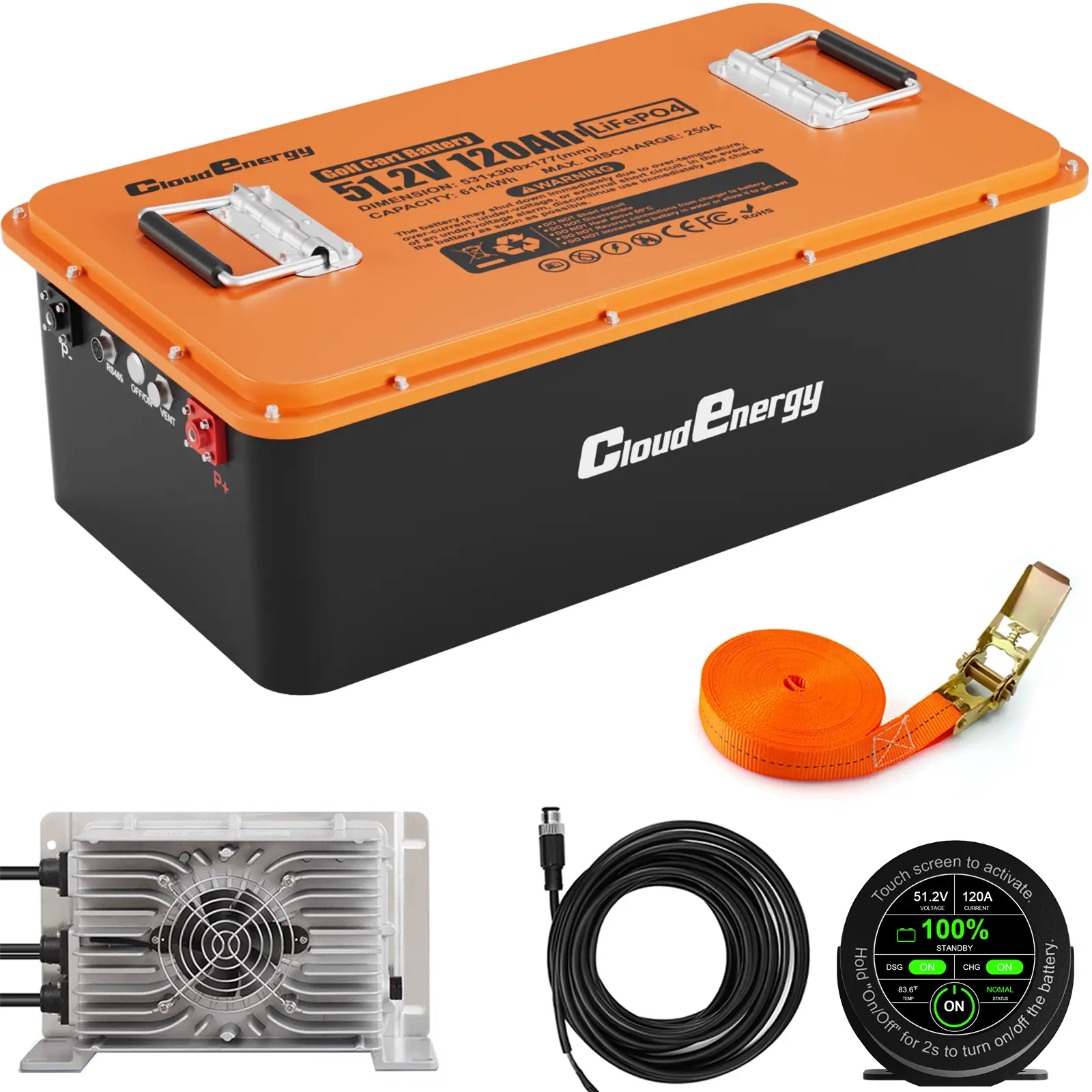 Cloudenergy 48V(51.2V) 120Ah LiFePO4 Golf Cart Lithium Battery Iron Shell,with 250A Smart BMS,Bluetooth APP,LCD Touchscreen Monitor,20A Charger,Retention Strap,6000+ Deep Cycles for Golf Carts