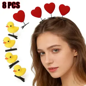 8-Piece Heart & Duck Hair Clips Set, Cute Cartoon Style, Fashionable Hair Accessories, Strong Hold, Perfect for Parties and Daily Use