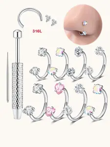 Cz Rhinestone Horseshoe Nose Ring, Hypoallergenic 316L Stainless Steel, 18/20 Gauge, 8mm, Ideal for Piercings, Includes Jewelry Tool