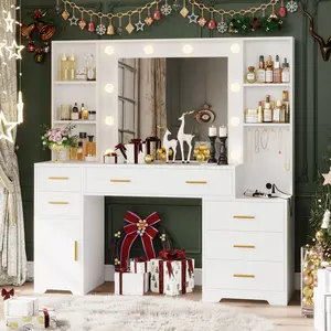 Hasuit 48.8'' Large Vanity Desk with Lighted Mirror & Power Outlet, White Makeup Vanity Table with 6 Drawers, 4 Shelves and 1 Storage Cabinet, Glass Tabletop Bedroom Dressing Table, 3 Lighting Modes