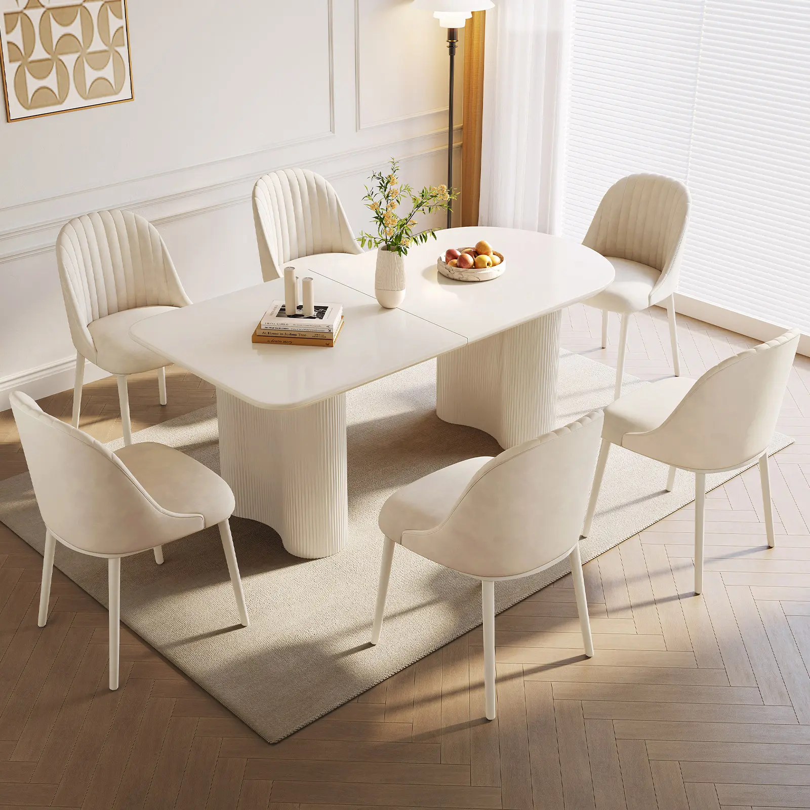 Guyii 63" Modern Cream Oval Dining Table Set with 4/6 Tech Cloth Chairs, Cream Style Fluted Pedestal Kitchen Table with Safe Curved Edges, Padded Upholstered Chairs for 4-6 Persons, Beige