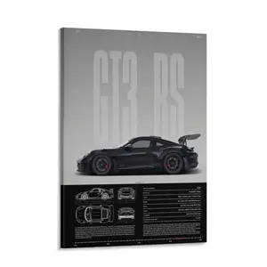 Porsche 911 GT3 RS Black Canvas Poster - Minimalist Car Blueprint & Specs Wall Art, Modern Sports Car Print, Aesthetic Decor for Bedroom, Living Room & Man Cave, Perfect Gift for Porsche Fans & Car Enthusiasts