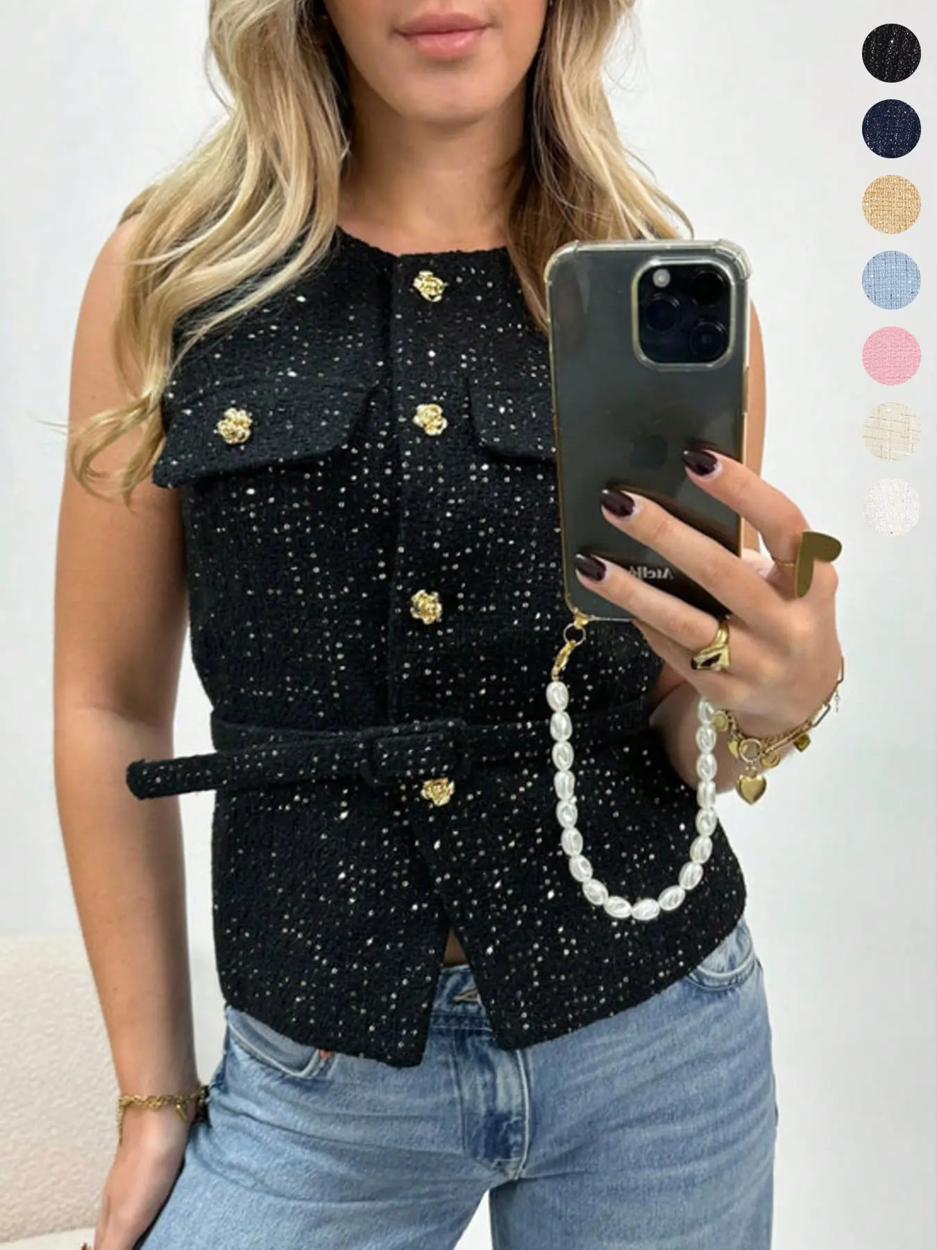 Women's Belted Rhinestone Vest, Elegant Office Style Plain Round Neck Jumper, Four-Season Sleeveless Fitted Top, Casual Spring & Fall Wear