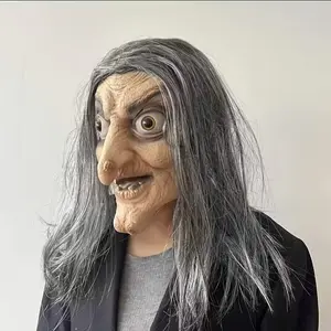 Halloween Old Witch Latex Mask, Realistic Wrinkles, Hair, Sharp Teeth, Universal Adult Size, Durable Material, Horror Costume Accessory