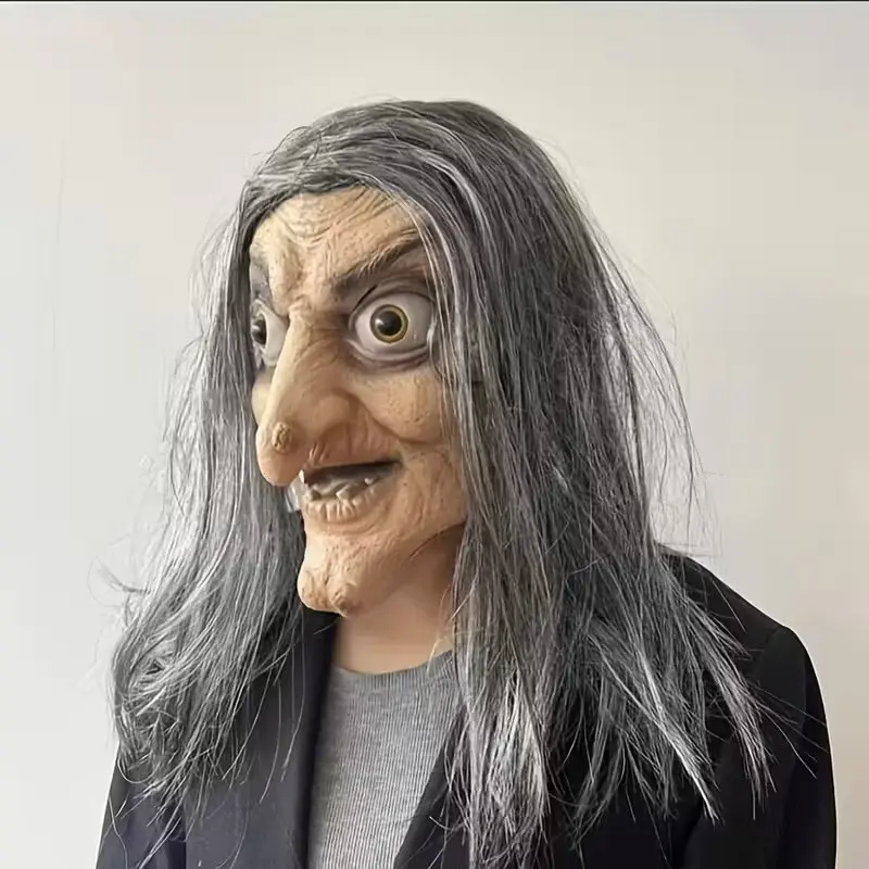 Halloween Old Witch Latex Mask, Realistic Wrinkles, Hair, Sharp Teeth, Universal Adult Size, Durable Material, Spooky Horror Costume Accessory, Hyper Realistic Mask, Party Props