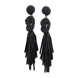 Handmade Beaded Solid Color Post Statement Earrings for Women All Season - 4 inch Long Dangle with Celtic Knot Design - Czech Seed Beads - Charcoal