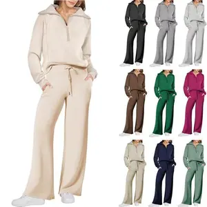 Women's 2Piece Outfits Casual Lapel Half Zip Sweat shirts And Wide Leg Pants Tracksuit Sets