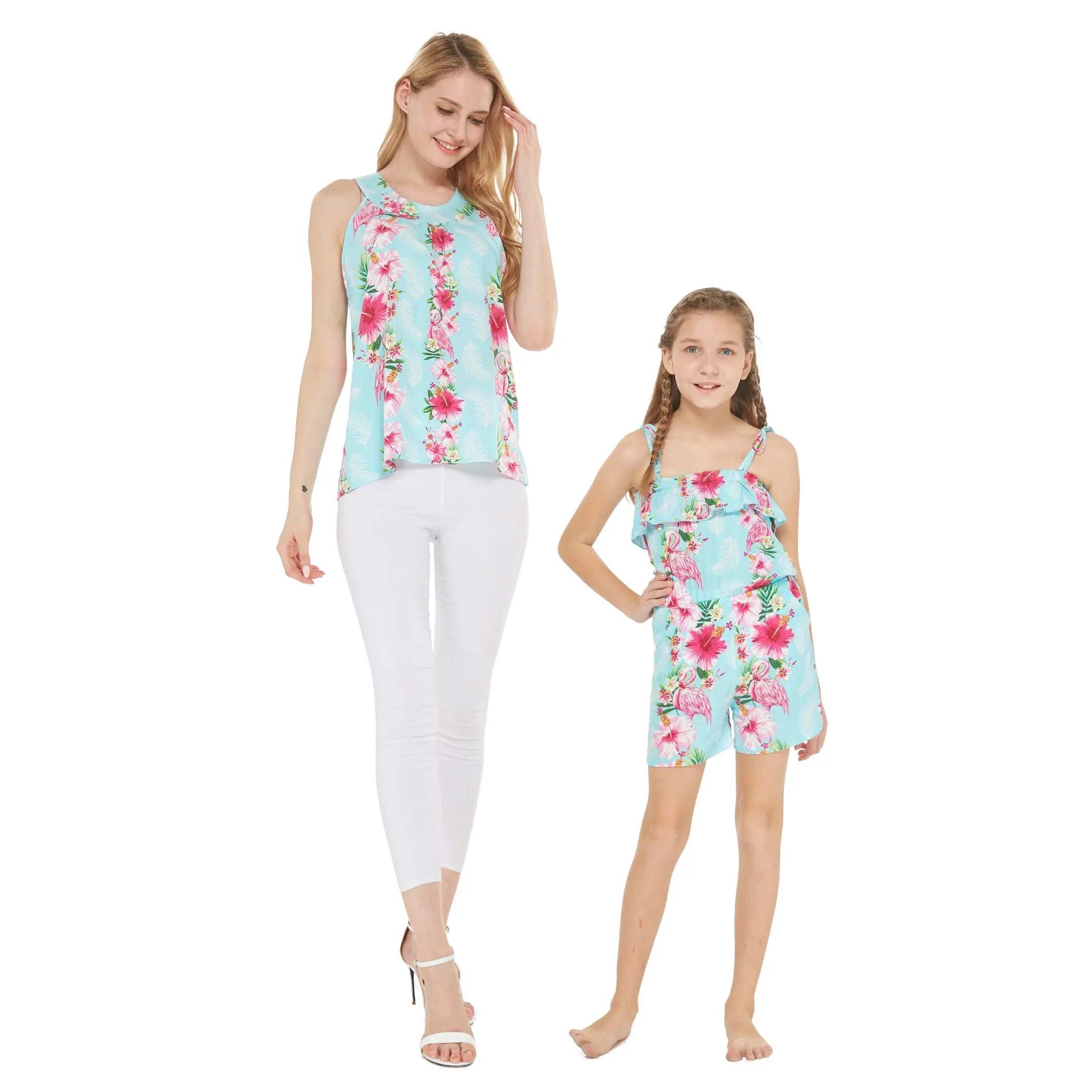 Mother Daughter Keokea Set in Pink Turquoise Hibiscus Vine