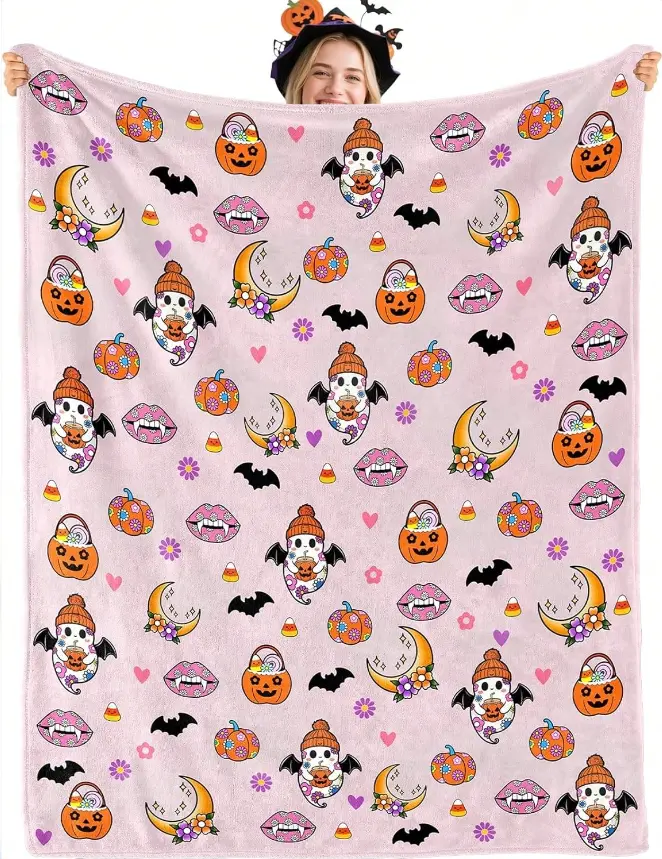 Y2K Spooky Blanket, Pastel Pink Cute Ghosts Vampire Lips Pumpkins Crescent Moons Pattern Flannel Throw, Gothic Aesthetic Dorm Room Decor Gift for Women Teens Her, Autumn Halloween Birthday Holiday Present, Super Soft Warm Cozy Fleece