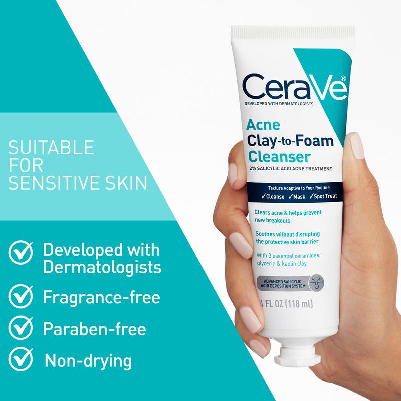 CeraVe Acne Clay To Foam Cleanser 4oz + PM Lotion Bundle