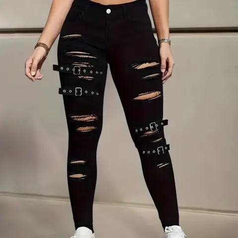 Women's Ripped Jeans, Stylish Ripped Jeans, Fashion Slim-Fit Skinny Distressed Denim Jeans, Elastic Waistband, Belt Loop Design, All-Season Wear, Trendy & Comfortable, Streetwear Pants