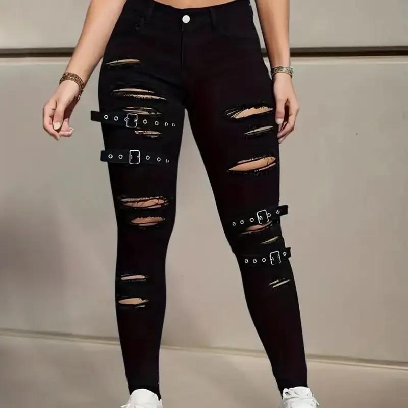 Women's Ripped Jeans, Stylish Ripped Jeans, Fashion Slim-Fit Skinny Distressed Denim Jeans, Elastic Waistband, Belt Loop Design, All-Season Wear, Trendy & Comfortable, Streetwear Pants