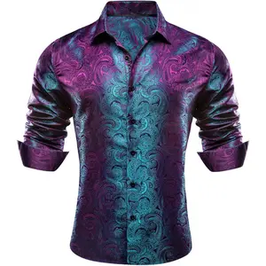 Men Dress Shirts Long Sleeve Button Down Silk Paisley Floral Party Shirt Jacquard Business Formal