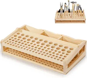 Acshio Leather Craft Tool Holder, 98 Holes Wooden Desktop Leather Working Tools Organizer with 3 Slots, Professional Large Making Punch Tools Rack Stand Storage Box for Brushes, Craft Tools