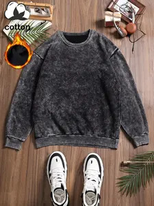 Women's Casual Vintage Wash Cotton Fabric Pullover Sweatshirt, Round Neck Long Sleeve Fleece Lined Hoodie for Fall Winter Fashion Tops