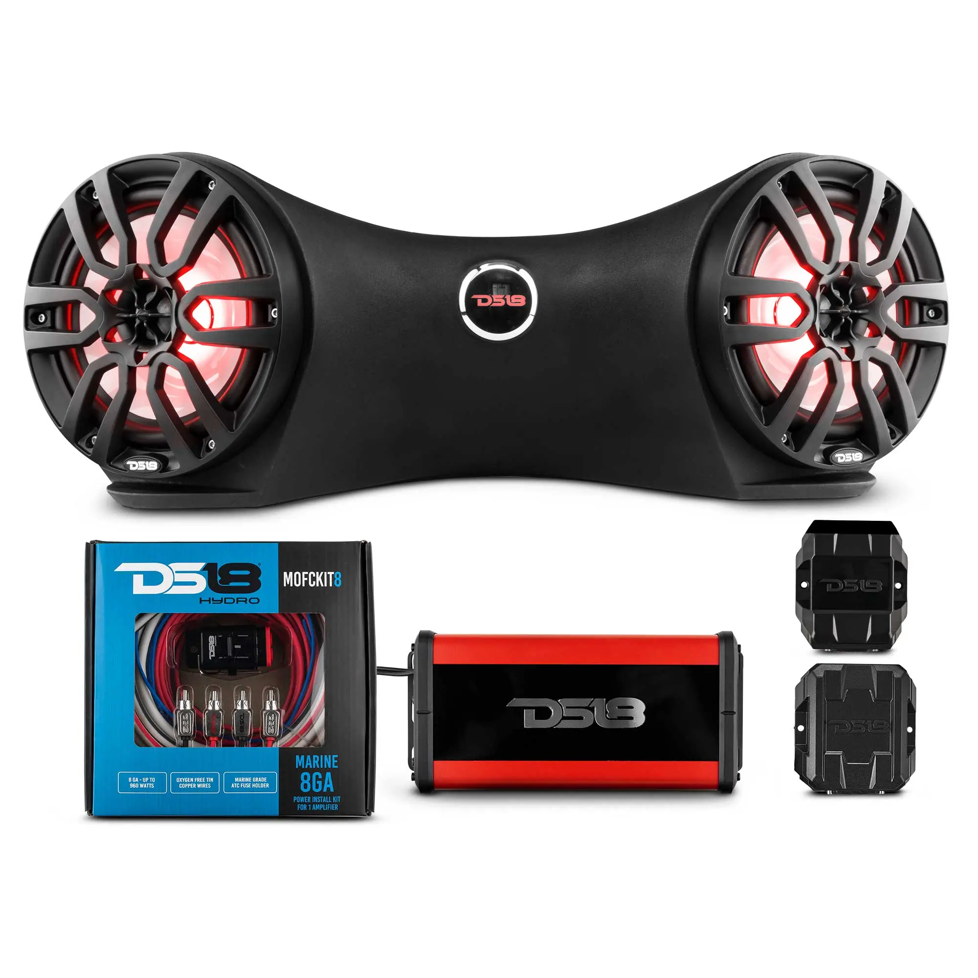 DS18 Wireless Waterproof ATV Marine Audio System - Plug-and-Play Coaxial Set with 2x 8" Speakers, RGB LEDs, Bluetooth, Noise Reduction, Mount Compatibility