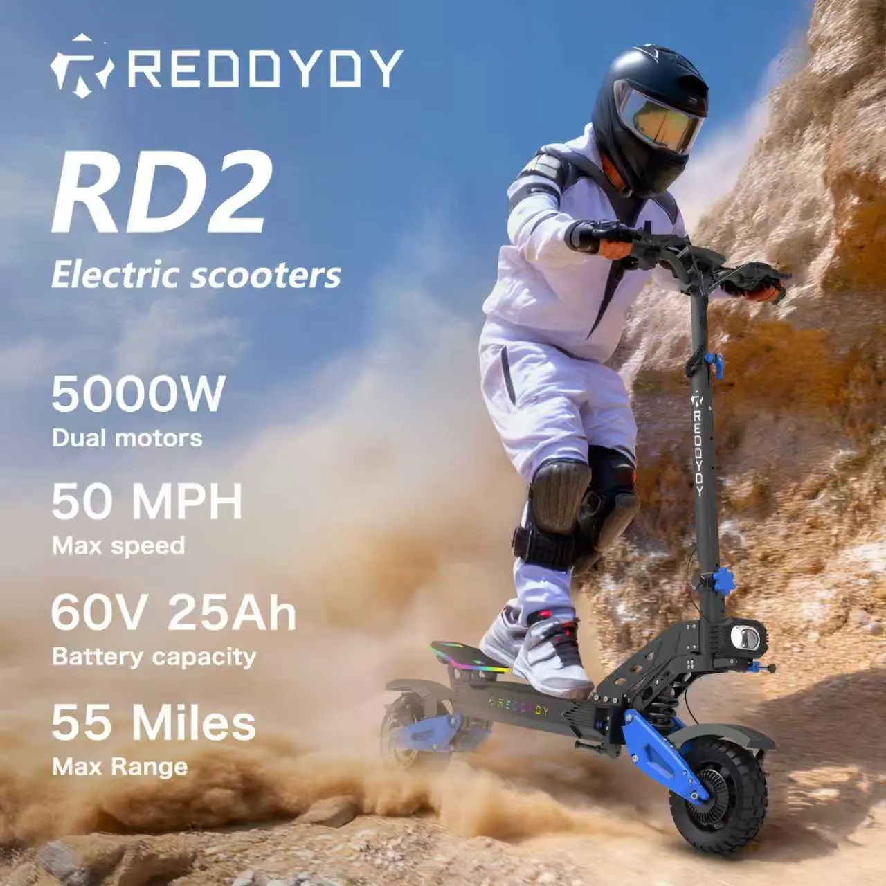 Reddydy Electric Adult Scooter, 5000W Dual Motors, 60V 25Ah,Max 50 MPH Speed, 55 Miles Max Range,App Smart Control, Smart LCD Display, Front headlights, Ambient Lighting, Dual Hydraulic Brakse, 10.5'' All-Terrain Tire
