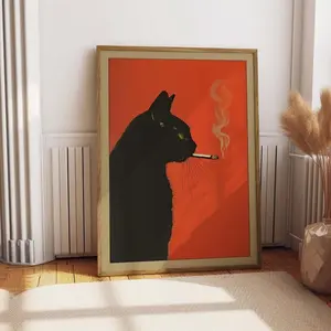 Black Cat Smoking A Cigarette Vintage Poster Art Retro Whimsical Print Funny Animal Wall Decor Poster For Bar Cart Quirky Kitchen Wall Art