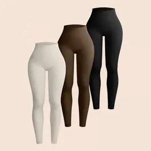 Ribbed Solid Color Yoga Leggings, Women'S Activewear Pants With Seamless Butt Lifting Wide Waistband, High-Waisted Sports Tights For Fitness And Exercise, Comfortable And Breathable Long Pants For Daily Workout