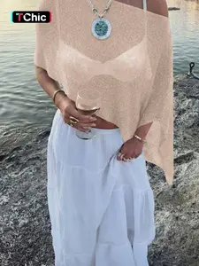 Women's Solid Color Loose Fit Fashionable Lightweight Layering Summer Vacation Knit Shawl, Elegant Plain Pattern, Perfect for Casual Wear Knitted Shawl