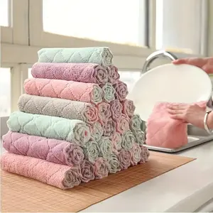 10 Pcs Kitchen Towels (Dishcloths) - Coral Fleece, Non-Stick Oil, Super Absorbent, Quick-Dry, Easy to Clean, Soft Comfortable Home Essentials for Kitchen Dining Room Glass Cleaning