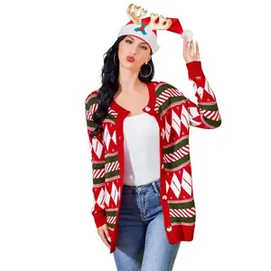 Women's Ugly Christmas Sweater Open Front Caidigans Knitted Long Sleeve Sweaters Cardigan Red L
