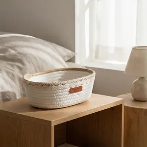 Low Profile Woven Storage Basket, Cotton Rope Organizer for Living Room & Bedroom