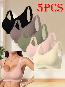 5 Pack Bras for Women S-4XL, Plus Size Wireless Seamless Push Up T Shirt Bra, Comfortable Full Coverage Underwire Free 5 Colors