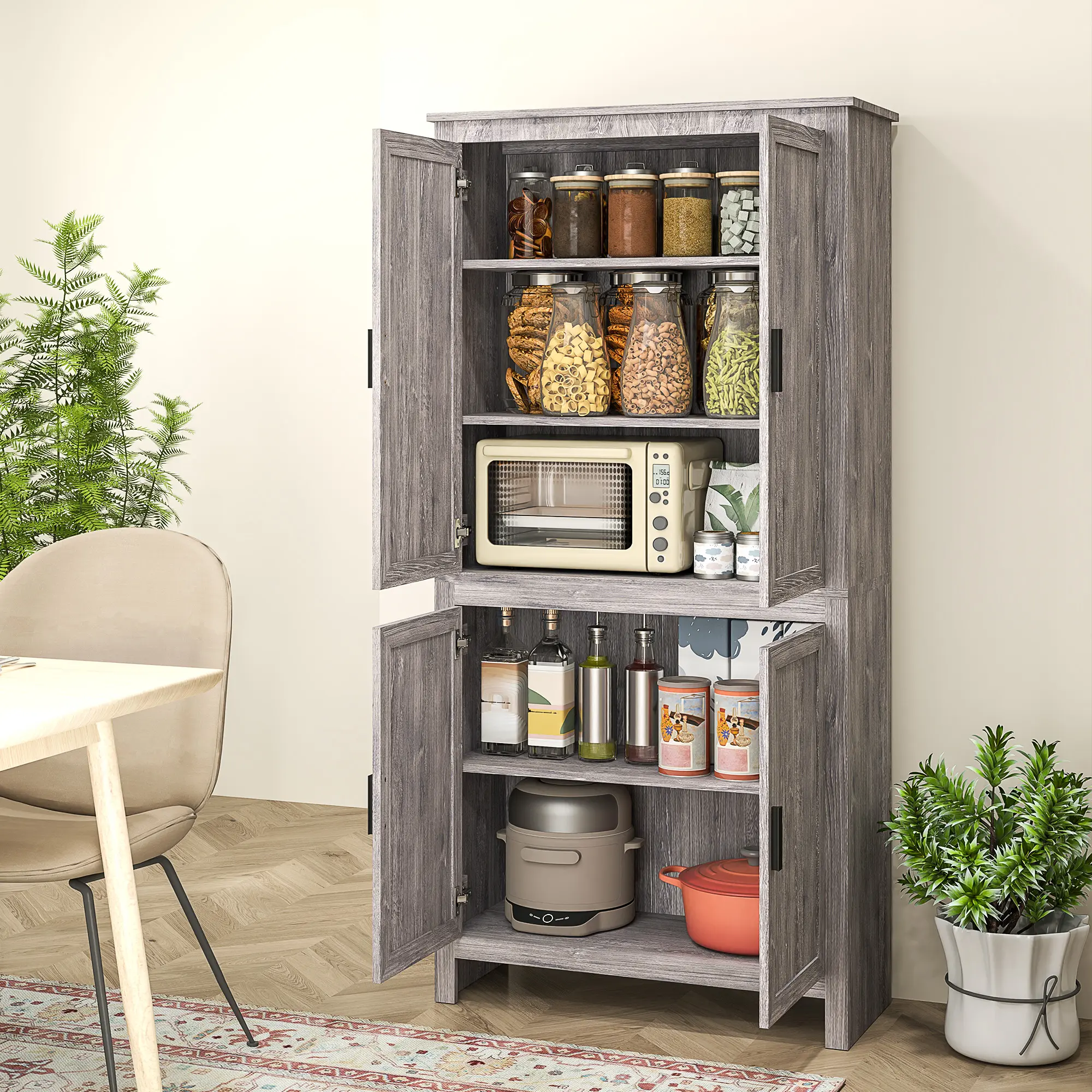 64" Freestanding Gray Oak Kitchen Pantry Cabinet, 4-Door Floor Cabinet with 3 Adjustable Shelves for Kitchen Storage