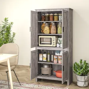 64" Freestanding Gray Oak Kitchen Pantry Cabinet, 4-Door Floor Cabinet with 3 Adjustable Shelves for Kitchen Storage