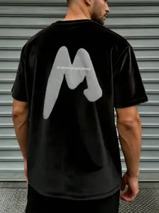 Men's Summer Suede T-Shirt, Loose Letter Foil Print Short Sleeve, Casual Street Style Round Neck Top, Perfect for Summer Wear