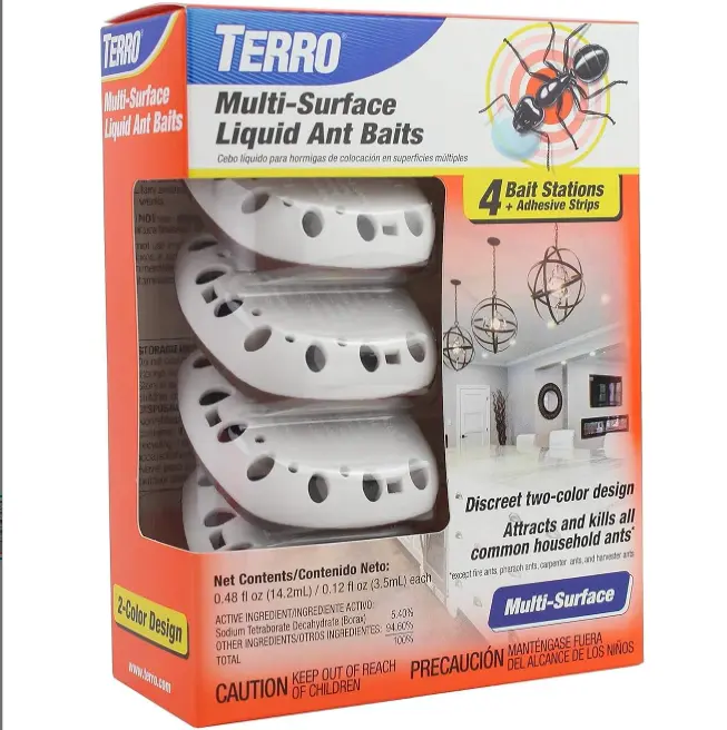 TERRO T334B Indoor Multi-Surface Liquid Ant Bait and Ant Killer - 4 Discreet Ant Bait Stations - Kills Common Household Ants