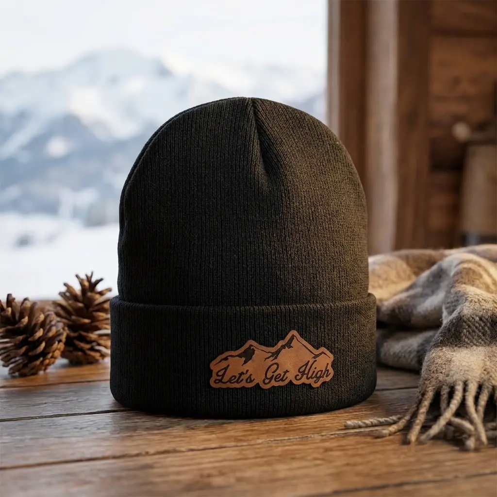 Let's Get High Leather Patch Beanie Hat for Men Women Knit Cuffed Skull Cap Winter Warm Toboggan Hat Outdoor Hiking Camping Outdoor Beanie Aesthetic Gorpcore Streetwear Unisex Slouchy Beanie Gift for Hikers Climbers Mountain Graphic Knit Hat Black