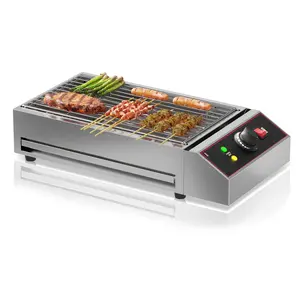 Electric Indoor Grill, Smokeless Stainless Steel Countertop BBQ Grill with Removable Griddle for Home, Restaurant, Camping