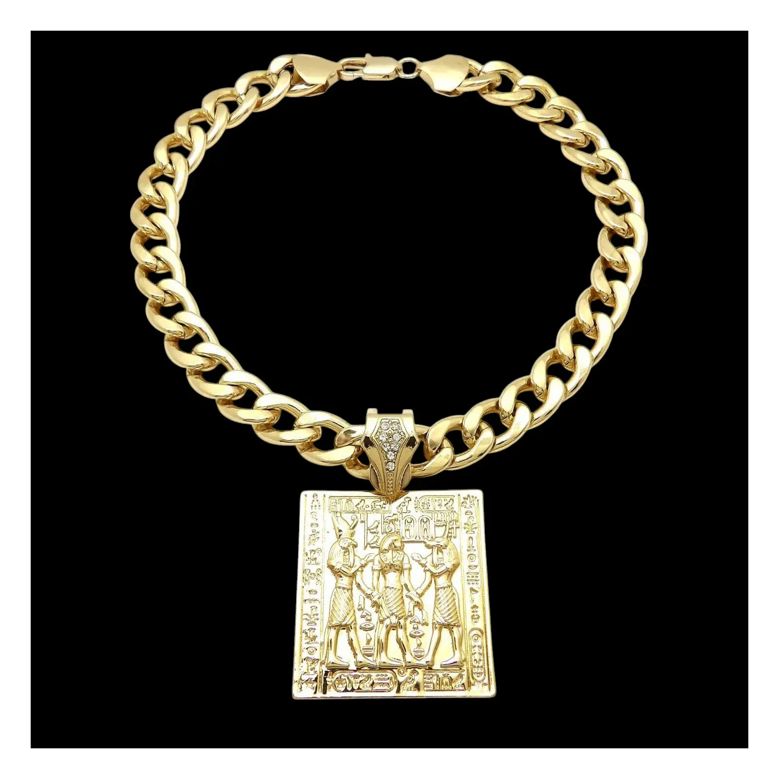 Hip Hop Style Egyptian Tablet Gold Plated Large Charm Pendant & 10mm 18" 20" 24" 30" Cuban Chain Necklace, Fashion Chain Decorated, Gold Statement Chain