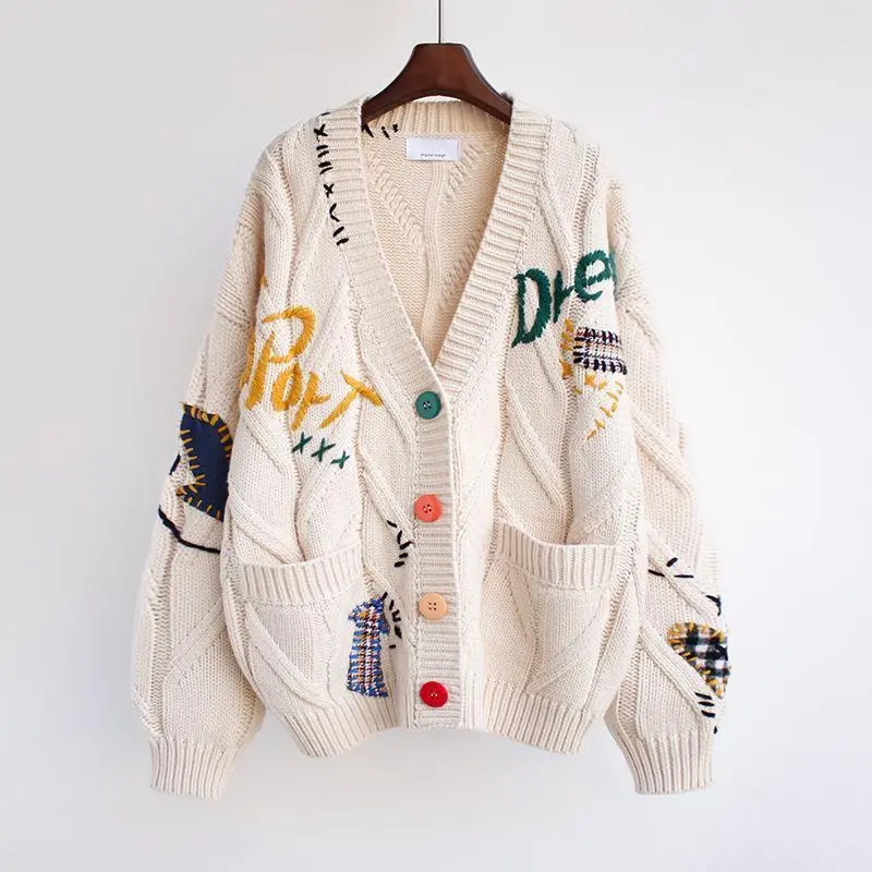Women's Varsity Letter Embroidered Knit Cardigan Sweater - Casual Longsleeves Button-Down Knitwear Clothes for Outdoor Valentines Day Streetwear Tops, Embroidery