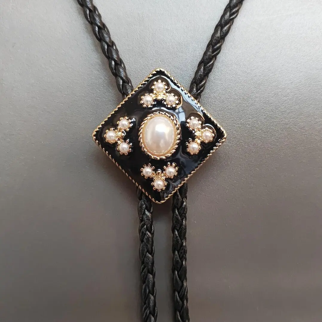 Natural Pearl Cross Bolo Tie Necklace with PU Leather Cord - Adjustable Western Wedding Jewelry Gift for Men & Women, Spiritual Symbolism Necklace