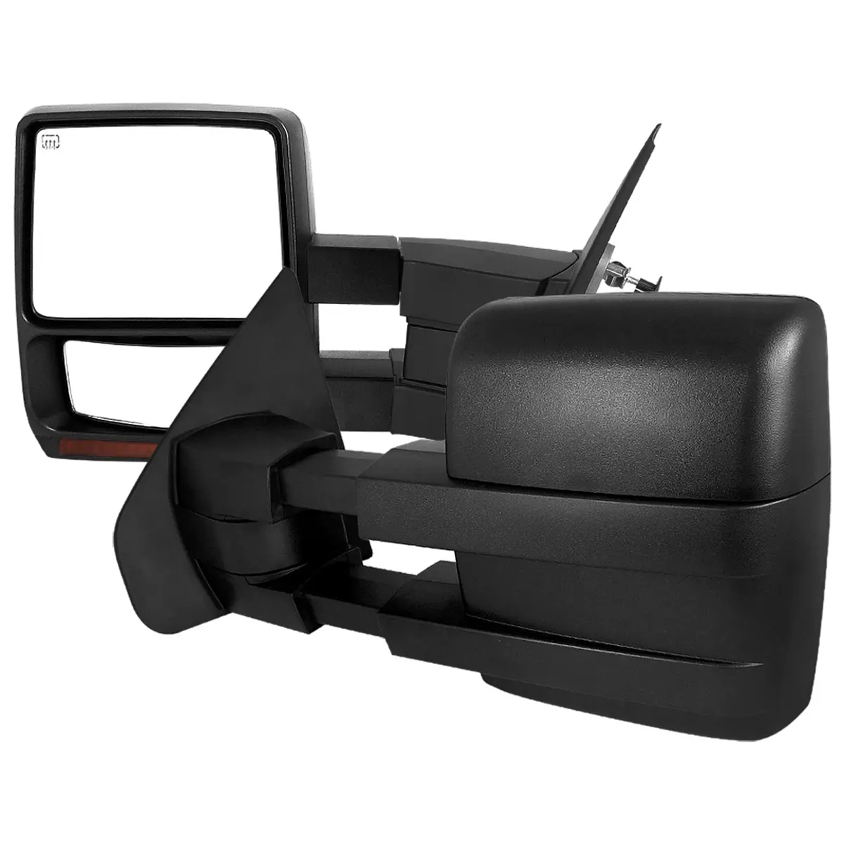 2007-2014 Ford F-150 Black Power Heated Telescoping Tow Mirrors with LED Turn Signals in Amber Lens and Puddle Lights