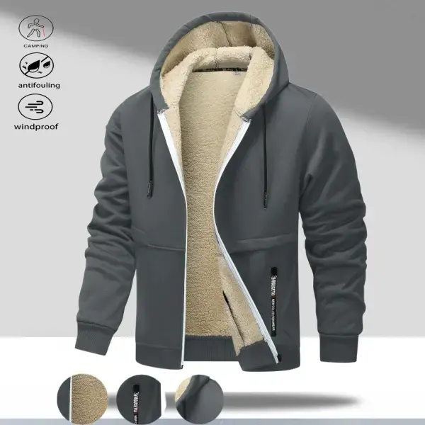 Classic men’s fleece-lined hooded jacket – adjustable fit, casual plain windproof coat with adjustable hood and ribbed hem, beige tops