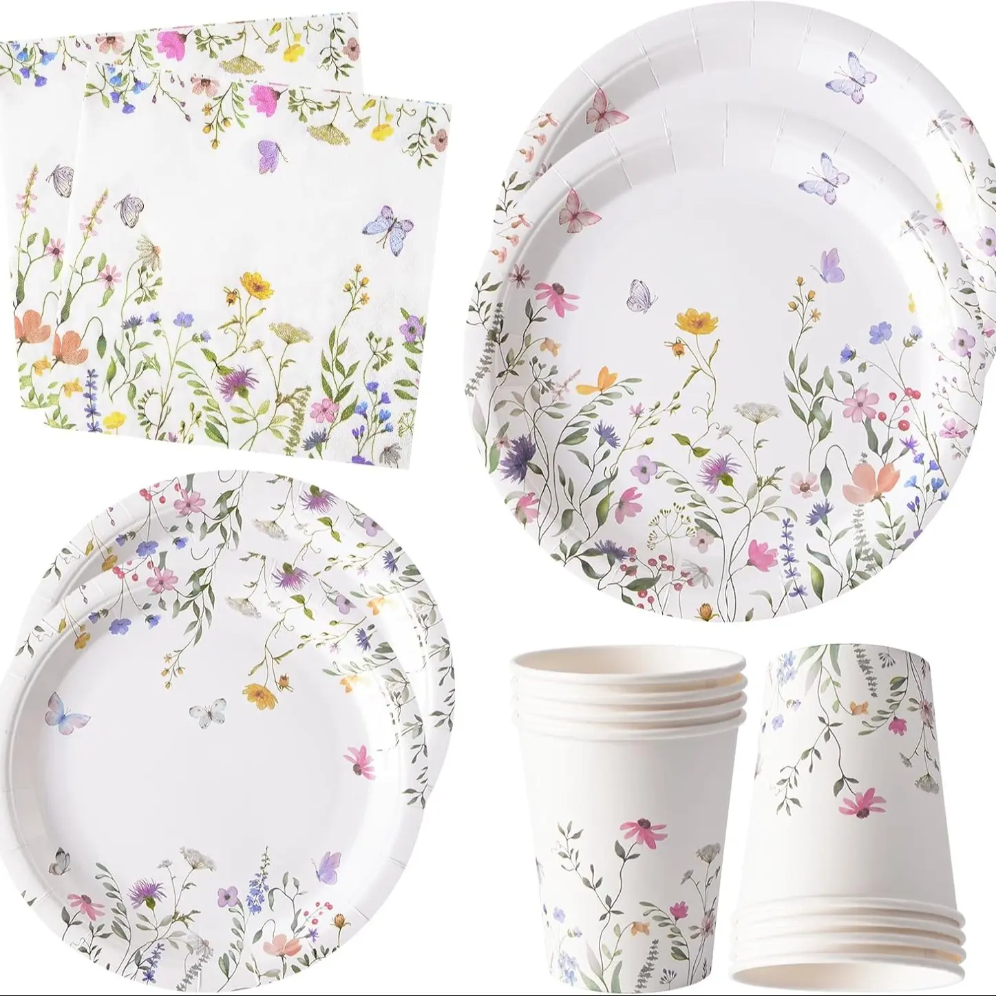 96 Pcs Wildflower Paper Plates Napkins Cups Set, Disposable Tableware Supplies, Disposable Dinnerware, Tea Party Decorations, Bridal Shower Garden Party Wedding Mother's Day Afternoon Tea, Party Plates And Cups And Napkins Sets