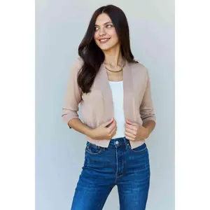 Doublju My Favorite Full Size 3/4 Sleeve Cropped Cardigan in Khaki