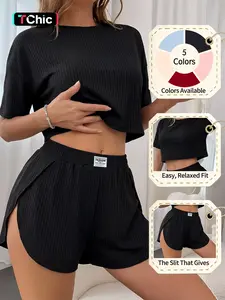 Women's Spring Summer Pajama Set, Plain Fitted Casual Sleepwear, Round Neck Short Sleeve Top, High Split Comfort Home