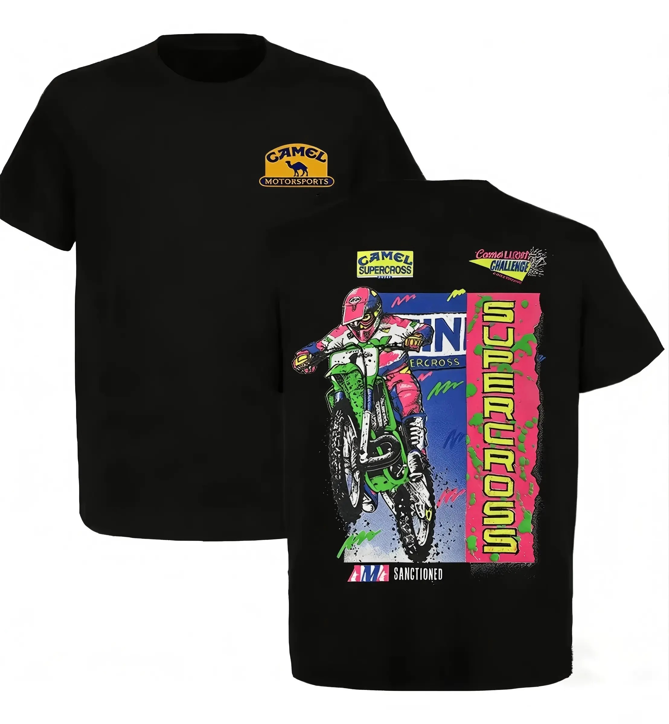 Men's Casual Short Sleeve Vintage T-Shirt - Men's Graphic Tee with 90s Supercross Motocross Graphic, Neon Racing Print Tops for Casual Wear, Vintage T Shirts