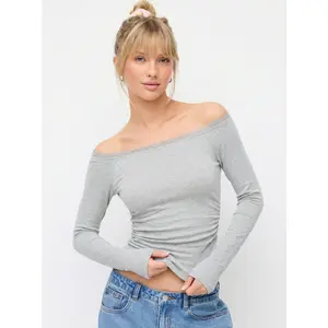 Cider Cotton-blend Off-shoulder Lace Trim Ruched Long Sleeve Top