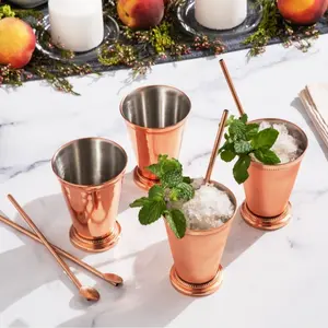 Mint Julep Cups - Set of 4 - Reusable Drinkware Stainless Steel Cups with Straws Holiday Gifts Fall Decor - 12 oz Tumbler with handles and straws