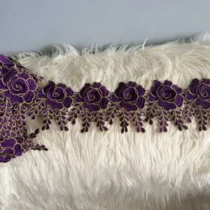 Purple Rose Embroidery Trim with Gold Accents for Elegant Sewing Projects (sold by yard)