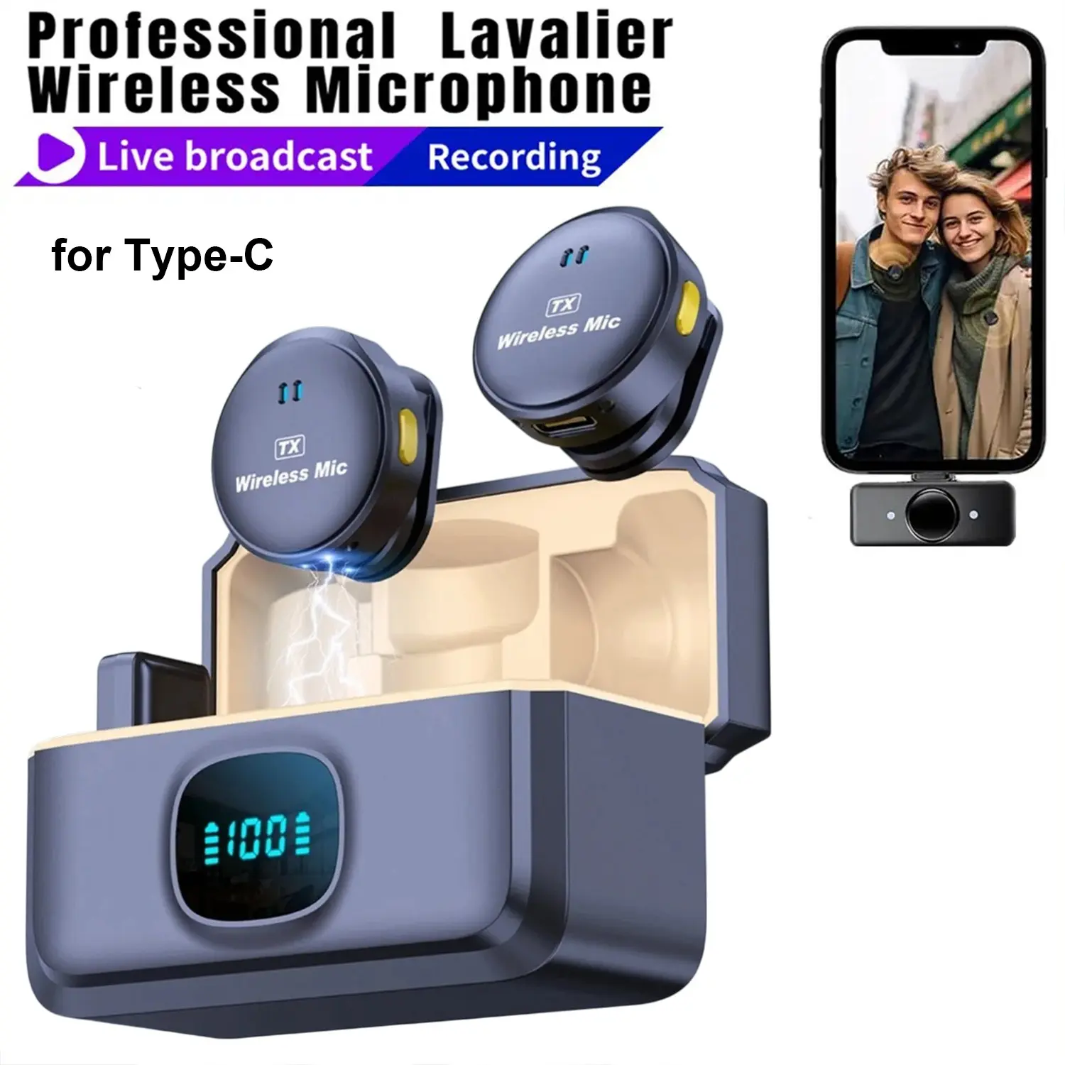 Wireless Lapel Lavalier Microphone, Noise Cancelling Mic with Charging Box, Type-C Receiver, USB Rechargeable, Noise Cancellation, Ideal for Live Streaming, Live Broadcast Equipment, Phone Video Recording
