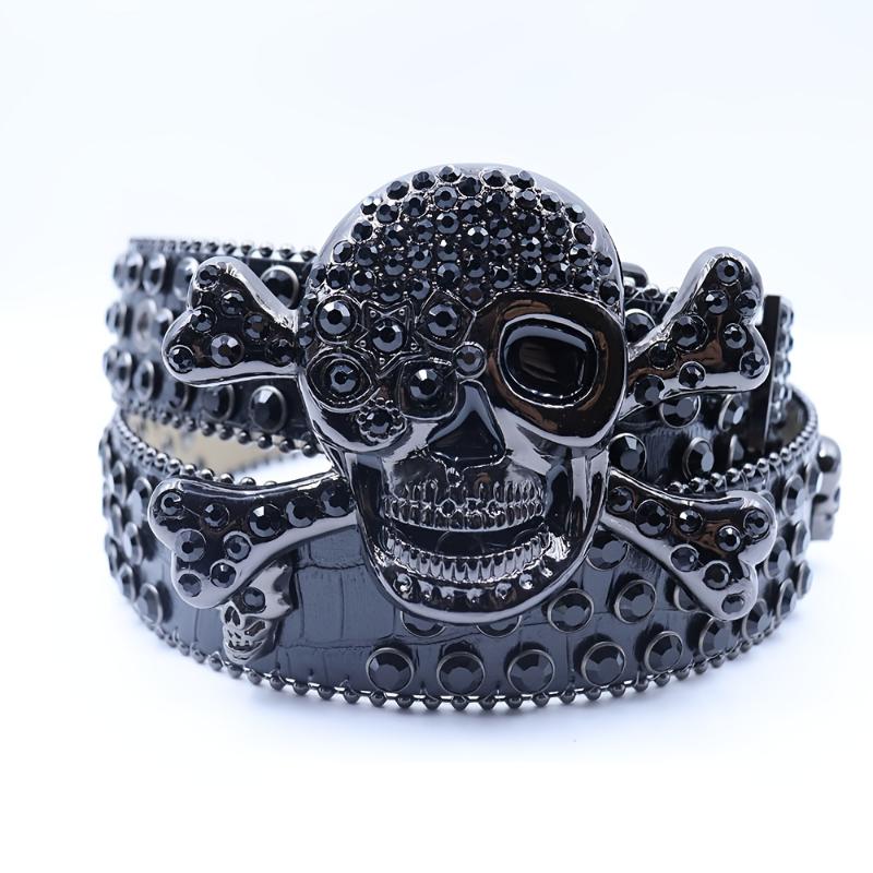 Men's & Women's Gothic Punk Y2K Rhinestone Skull Belt - Large Black Statement Belt with -Adorned Skull Buckle, Hip Hop Unisex Belt for Jeans, Parties & Themed Events (Plus Size Available)